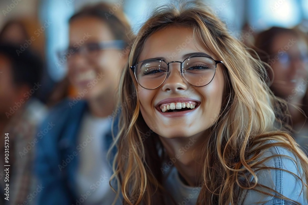 The beautiful young woman wearing eyeglasses is smiling and laughing while explaining her profile to business managers at a job interview, creating a positive and dynamic atmosphere The beautiful young woman wearing eyeglasses is smiling and laughing while explaining her profile to business managers at a job interview, creating a positive and dynamic atmosphere