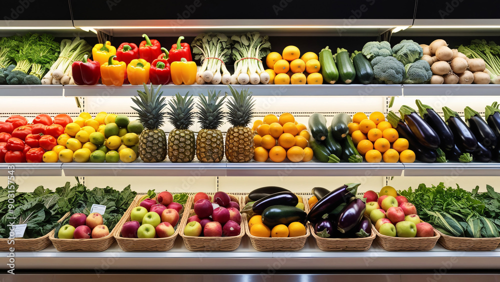Healthy Fruits and Vegetables Displayed on a Shelf in a Supermarket Healthy Fruits and Vegetables Displayed on a Shelf in a Supermarket