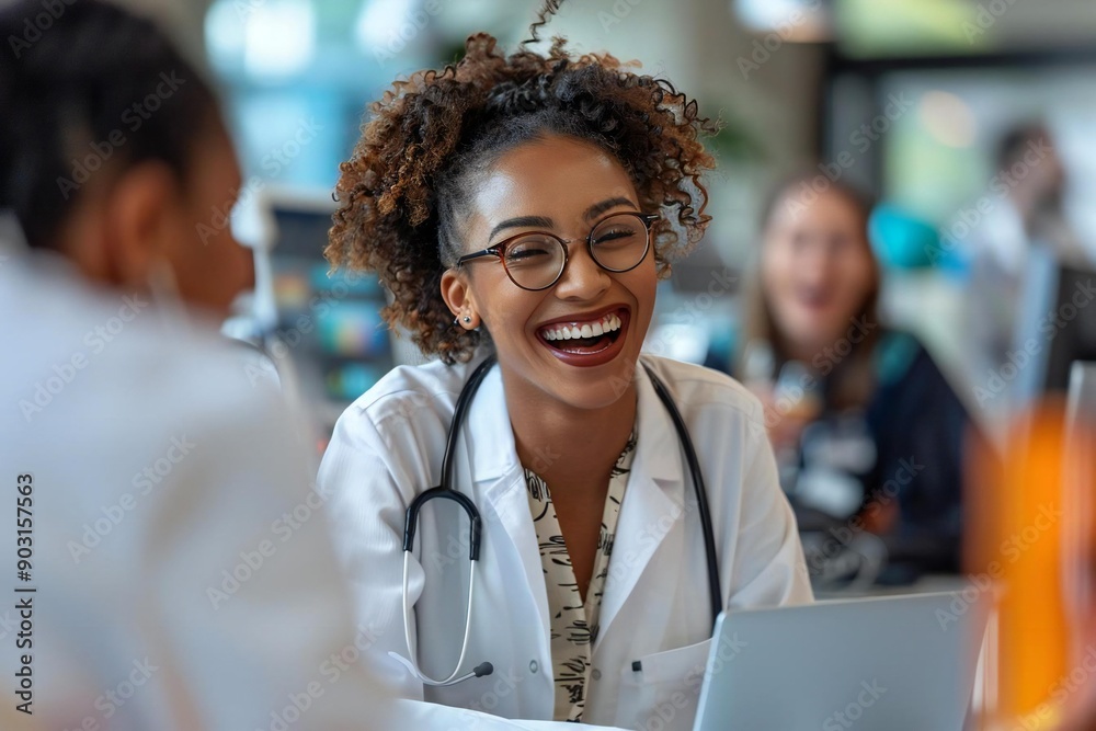 Beautiful female doctor wearing eyeglasses, smiling and laughing while working on her laptop with healthcare colleagues in her office. Beautiful female doctor wearing eyeglasses, smiling and laughing while working on her laptop with healthcare colleagues in her office.