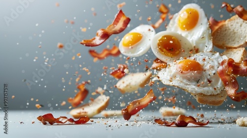 Artistic capture of flying fried eggs, crispy bacon, and toasted bread slices, creating a dynamic and energetic scene, epitomizing the essence of a hearty breakfast. photo