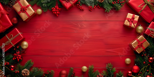 a background for chistmas advertising, a red wooden table, top view with christmas decoration