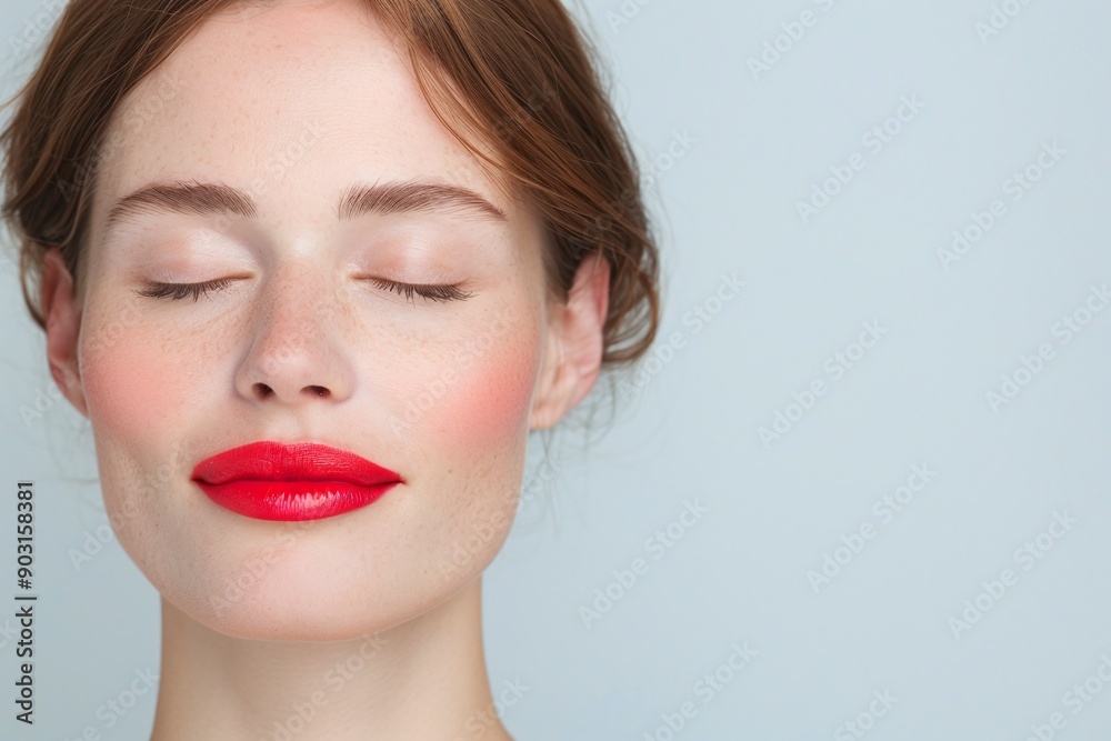 Close-up portrait of a woman with red lipstick and natural makeup on a light blue background. Emphasizing fresh beauty, elegance, and minimalist makeup trends with focus on red lips and clear skin. Close-up portrait of a woman with red lipstick and natural makeup on a light blue background. Emphasizing fresh beauty, elegance, and minimalist makeup trends with focus on red lips and clear skin.