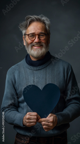 Elderly man smiling, holding a textured navy blue heart. photo