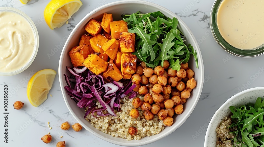 A colorful, nutritious bowl, including chickpeas, roasted sweet potatoes, red cabbage, quinoa, arugula, and a tangy dressing. This artistic food photography emphasizes a balanced diet and health. A colorful, nutritious bowl, including chickpeas, roasted sweet potatoes, red cabbage, quinoa, arugula, and a tangy dressing. This artistic food photography emphasizes a balanced diet and health.