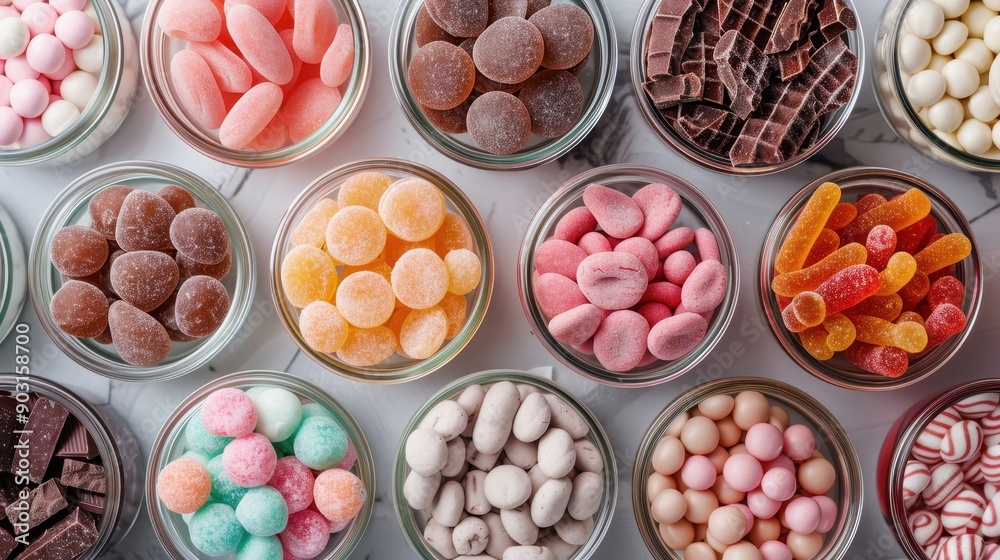 A collection of clear glass bowls featuring an assortment of colorful candies, beautifully arranged in a grid, representing a sweet and delightful treat selection. A collection of clear glass bowls featuring an assortment of colorful candies, beautifully arranged in a grid, representing a sweet and delightful treat selection.