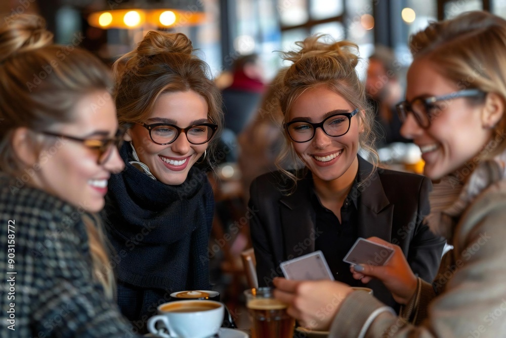 Group of beautiful businesspeople smiling and exchanging cards over coffee in a cafe, all wearing stylish eyeglasses and looking attentively at each other. Group of beautiful businesspeople smiling and exchanging cards over coffee in a cafe, all wearing stylish eyeglasses and looking attentively at each other.