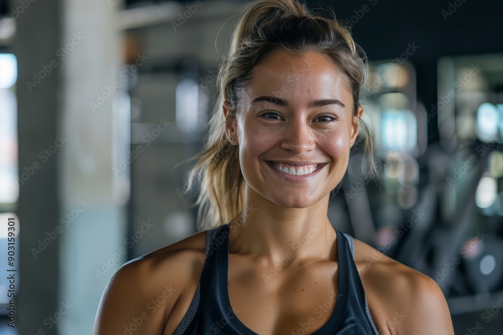 A fit muscular female personal trainer smiling at the camera in a gym, close up A fit muscular female personal trainer smiling at the camera in a gym, close up