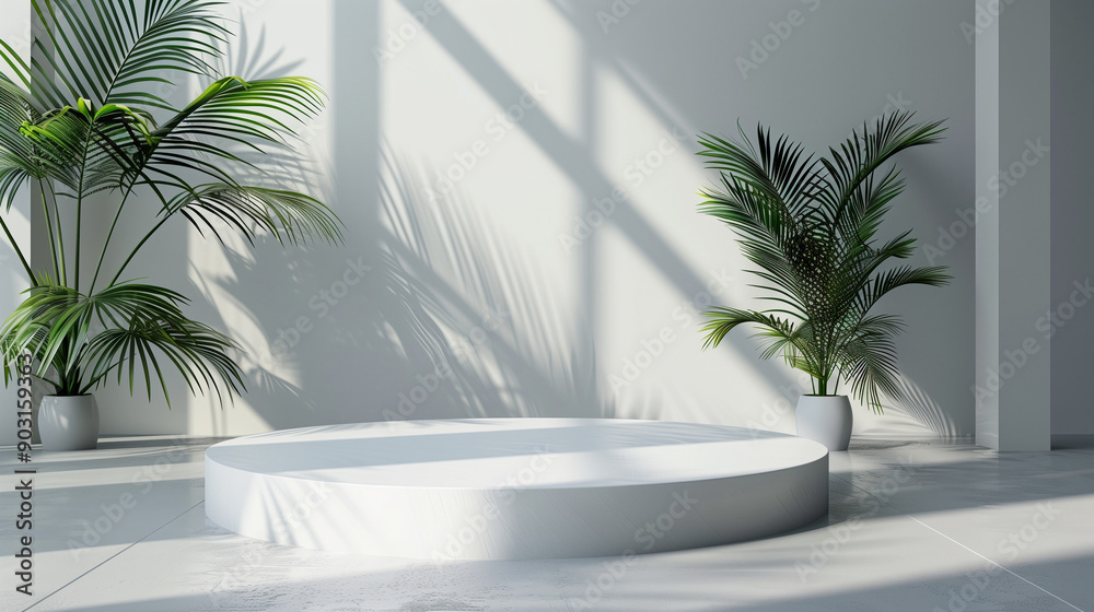 Platform, white room, cylinder podium, palm leaf Platform, white room, cylinder podium, palm leaf