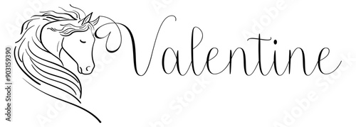 Valentine - colore nero - nome scritto - grafica vettoriale con cavallo stilizzato con cuore - per siti web, auguri, banner, biglietti, tag, t-shirt, felpe, stampe, cricut, silhouette, scrapbooking