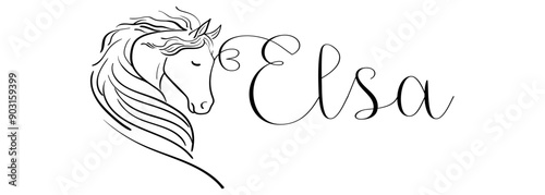 Elsa - colore nero - nome scritto - grafica vettoriale con cavallo stilizzato con cuore - per siti web, auguri, banner, biglietti, tag, t-shirt, felpe, stampe, cricut, silhouette, scrapbooking