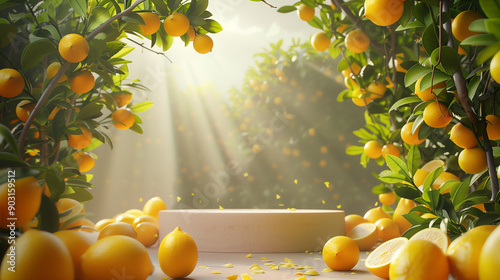 The podium is surrounded by lemon trees and lemons for product presentation