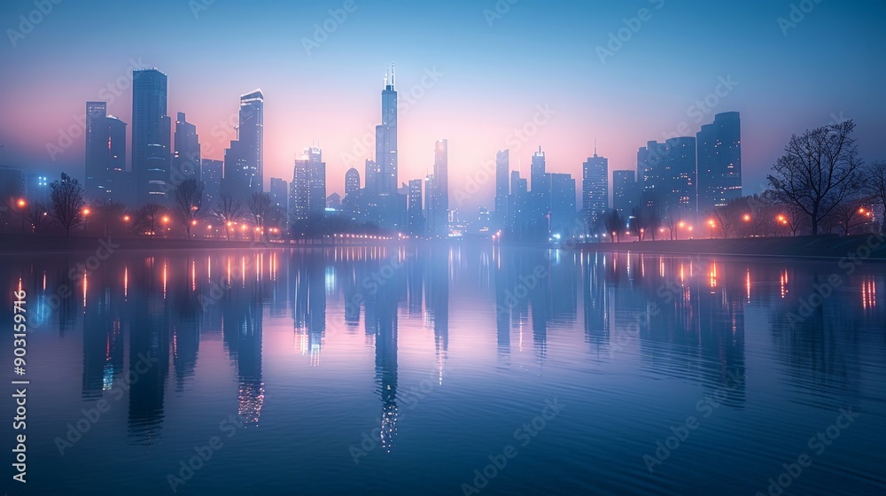 Modern city at dawn with skyscrapers and a river, soft morning light Modern city at dawn with skyscrapers and a river, soft morning light
