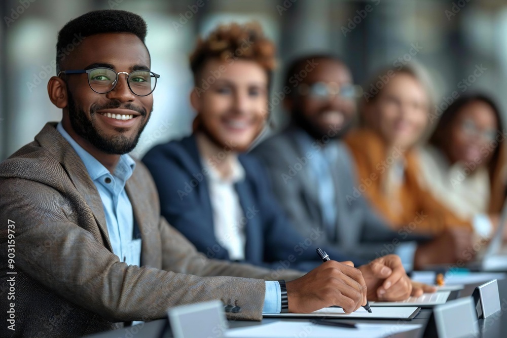 Businesspeople smiling and wearing eyeglasses, looking attentively at beautiful African American businessman explaining in a corporate office presentation. Businesspeople smiling and wearing eyeglasses, looking attentively at beautiful African American businessman explaining in a corporate office presentation.