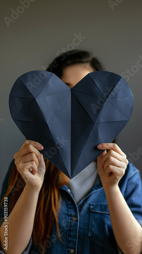 Person behind a large blank geometric navy blue heart. Copy space. photo