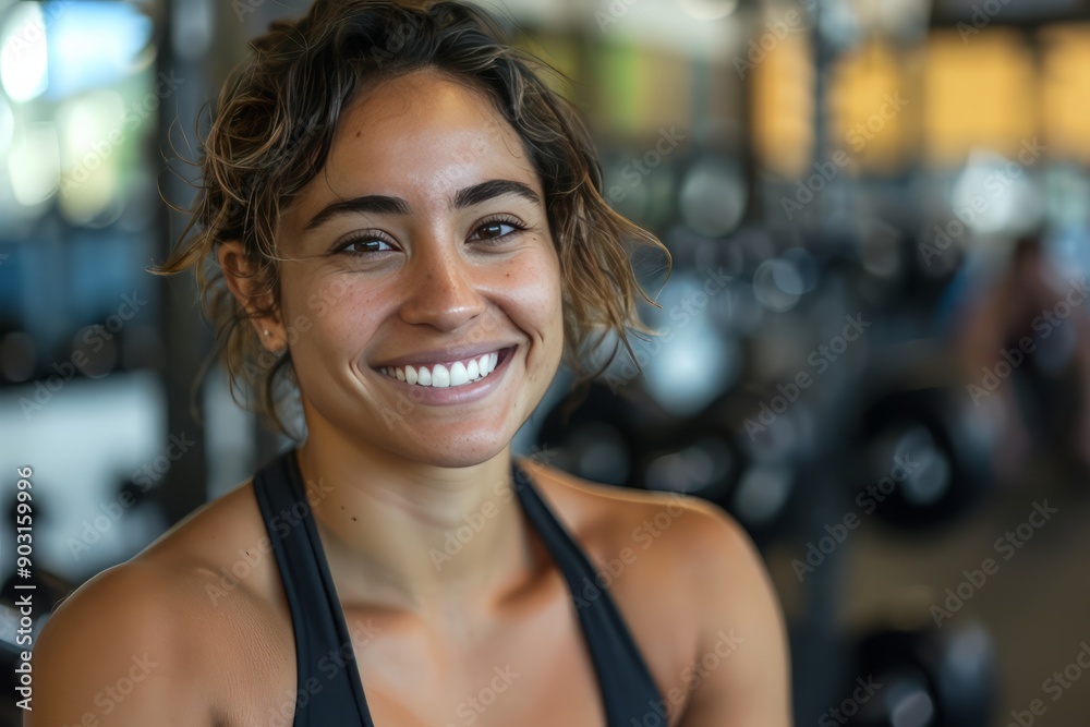 A fit muscular female personal trainer smiling at the camera in a gym, close up A fit muscular female personal trainer smiling at the camera in a gym, close up