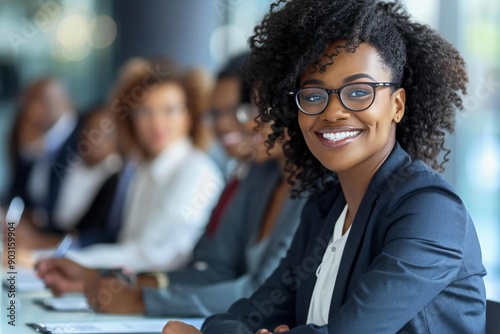 The beautiful African American corporate personnel officers are sitting at a table for taking interviews, smiling and wearing eyeglasses, looking attentively at the job candidates.