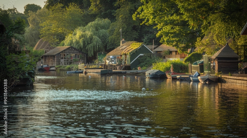 Obraz premium Peaceful lakeside village with charming houses and boats at sunrise, surrounded by lush greens and calm waters