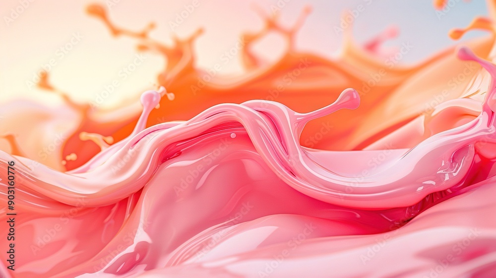 Pink and white liquid swirls on yellow-pink background with blue sky in the background Pink and white liquid swirls on yellow-pink background with blue sky in the background