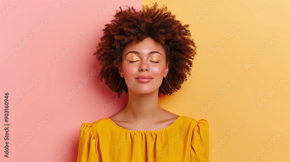 Close-up portrait of a woman with yellow eyeshadow, closed eyes, and a yellow dress against a peach and yellow background. Highlighting natural beauty, elegance, and contemporary makeup trends. Close-up portrait of a woman with yellow eyeshadow, closed eyes, and a yellow dress against a peach and yellow background. Highlighting natural beauty, elegance, and contemporary makeup trends.