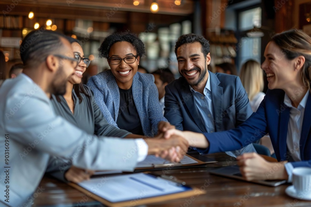 beautiful diverse business team is joyfully shaking hands and laughing as they close an international deal in the office, some wearing eyeglasses, looking confidently ahead. beautiful diverse business team is joyfully shaking hands and laughing as they close an international deal in the office, some wearing eyeglasses, looking confidently ahead.
