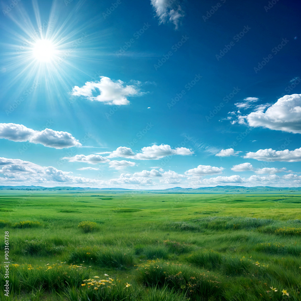 A vast green field with clouds floating in the clear sky and sunlight shining on it, grasslands A vast green field with clouds floating in the clear sky and sunlight shining on it, grasslands
