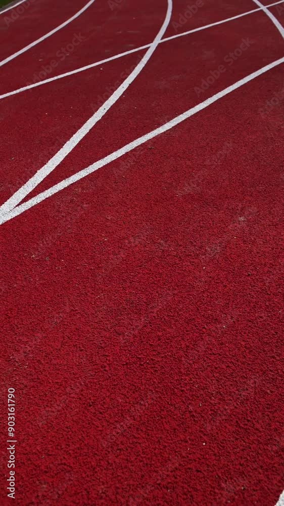 Following dark red running track crossed by the white lines. Green grass field and paved path on both sides of the track. Close up. Vertical video Following dark red running track crossed by the white lines. Green grass field and paved path on both sides of the track. Close up. Vertical video