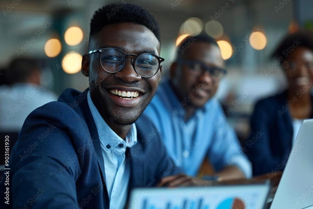 Fototapeta premium - Young businessman with a beautiful smile, wearing eyeglasses, analyzing a graph while chatting with his colleagues in a conference room. - Colleagues are looking at the digital tablet