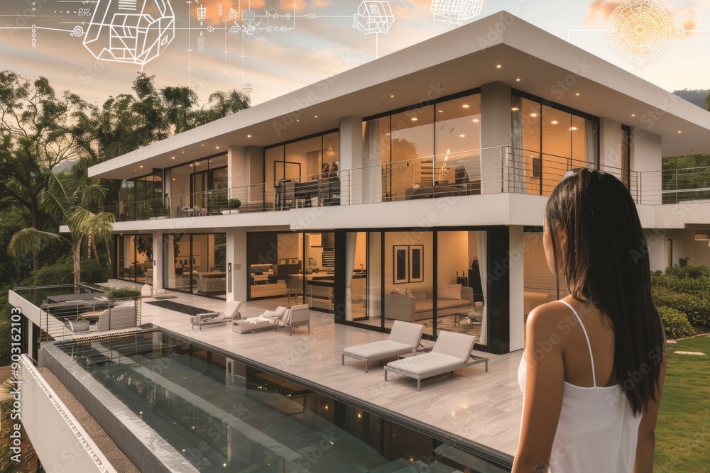 Obraz premium Contemporary house with a pool emphasizing modern design and luxury living.