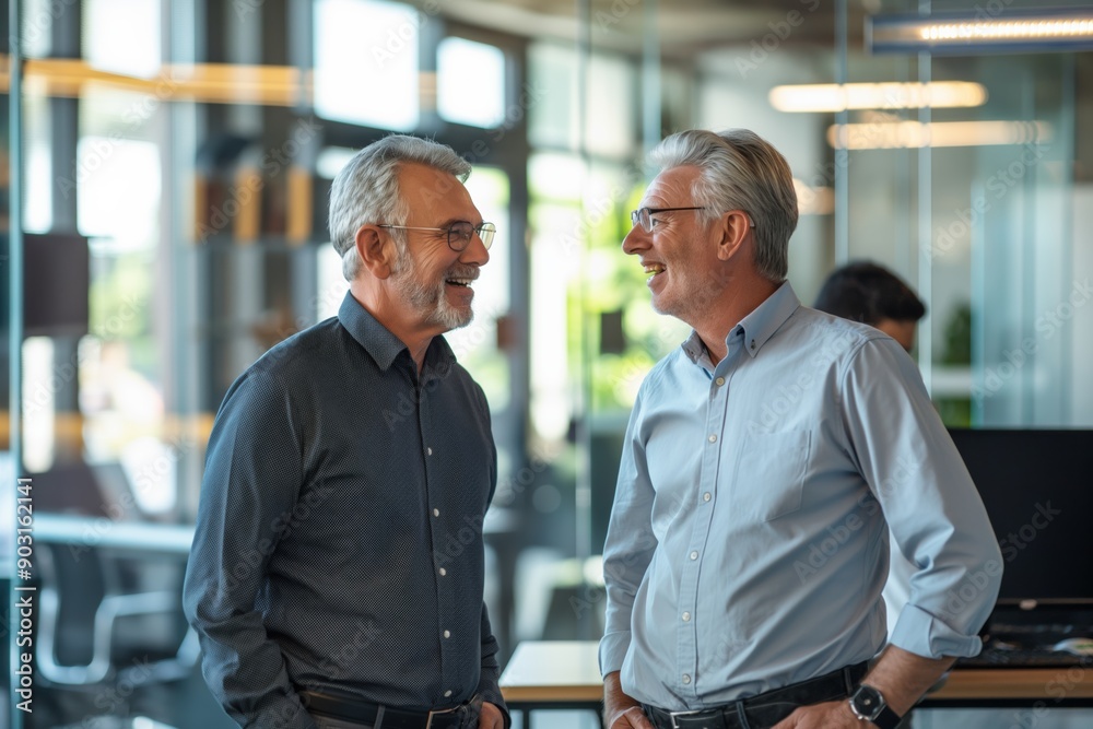 Two men are smiling and talking in a room with a lot of windows. Scene is friendly and positive Two men are smiling and talking in a room with a lot of windows. Scene is friendly and positive