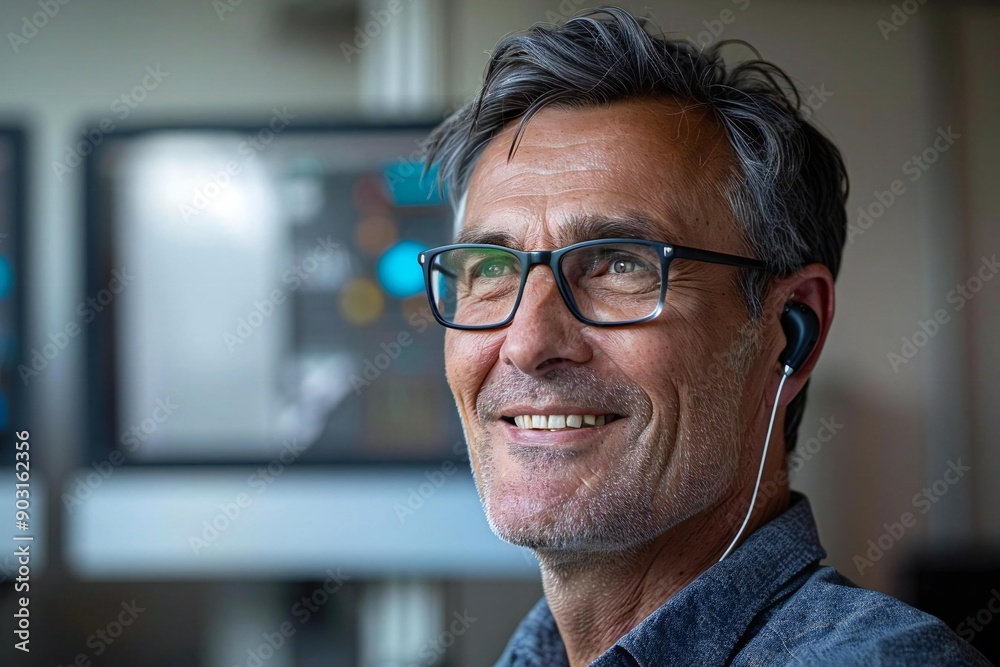 The beautiful adult man is wearing eyeglasses and smiling as he looks away, with a close-up of a hearing aid on his ear.