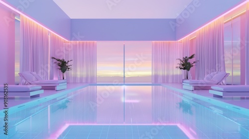 Minimalist Modern Interior Design with Pool and Sunset View. © Armir