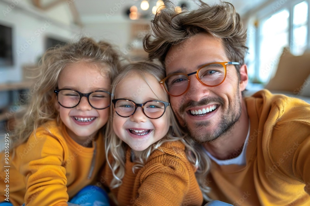 The beautiful family is smiling and laughing, wearing eyeglasses, looking at their dream home. The beautiful family is smiling and laughing, wearing eyeglasses, looking at their dream home.