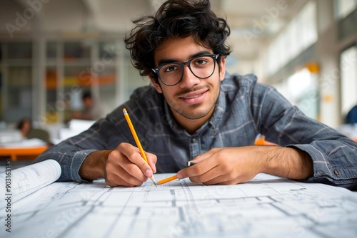 beautiful young male architect, wearing eyeglasses, is smiling and focused as he works on blueprints spread out on a table, hands busy with a pencil, looking intently at his project.