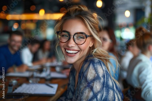 Beautiful woman wearing eyeglasses smiling and laughing while advising business people in the meeting, all are looking at a document.