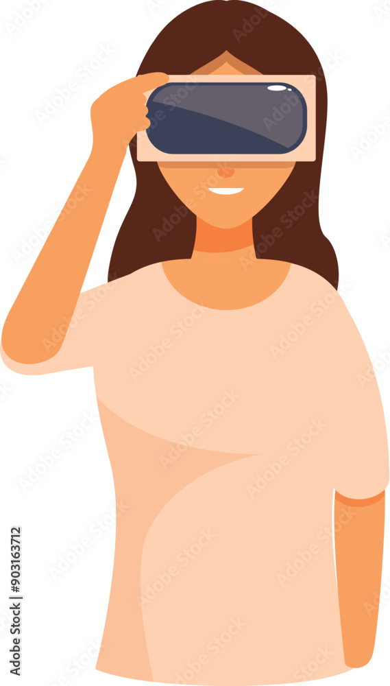 Fototapeta premium Young woman is smiling while experiencing virtual reality using a headset