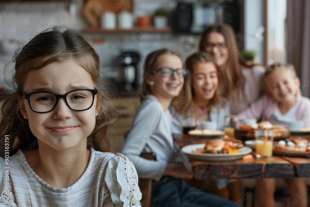 Beautiful teenage girl wearing eyeglasses sitting sadly in the foreground, while her smiling and laughing family enjoys breakfast at the table in the kitchen. The parents are focused Beautiful teenage girl wearing eyeglasses sitting sadly in the foreground, while her smiling and laughing family enjoys breakfast at the table in the kitchen. The parents are focused