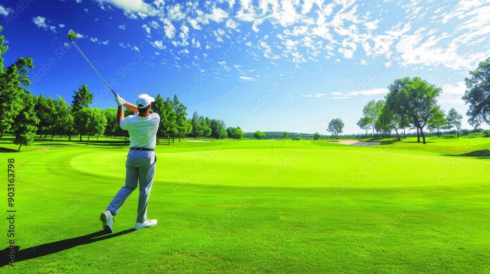 Golf player swinging a club on a pristine green course Golf player swinging a club on a pristine green course
