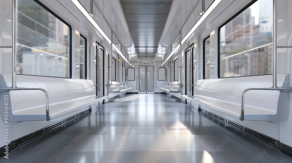 Obraz premium Contemporary subway car with large panoramic windows, flooding the space with natural light, creating an open and airy feel in a bustling urban environment, high-resolution photo, hyper realistic