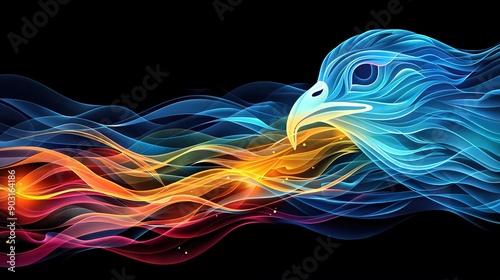   A colorful wave emanates from a flying bird's beak in this computer-generated image photo