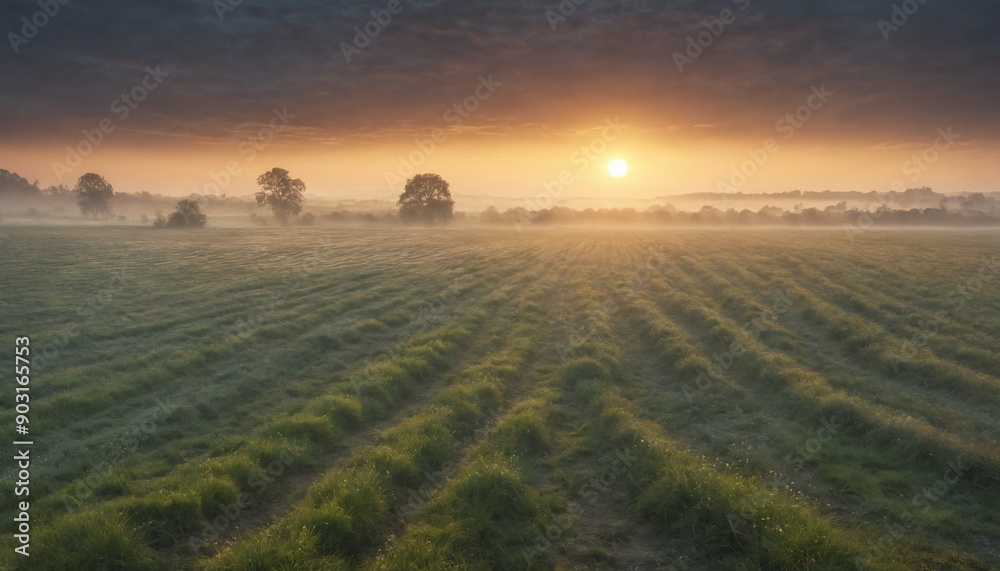 Fototapeta premium A misty morning sunrise over a verdant meadow with solitary trees