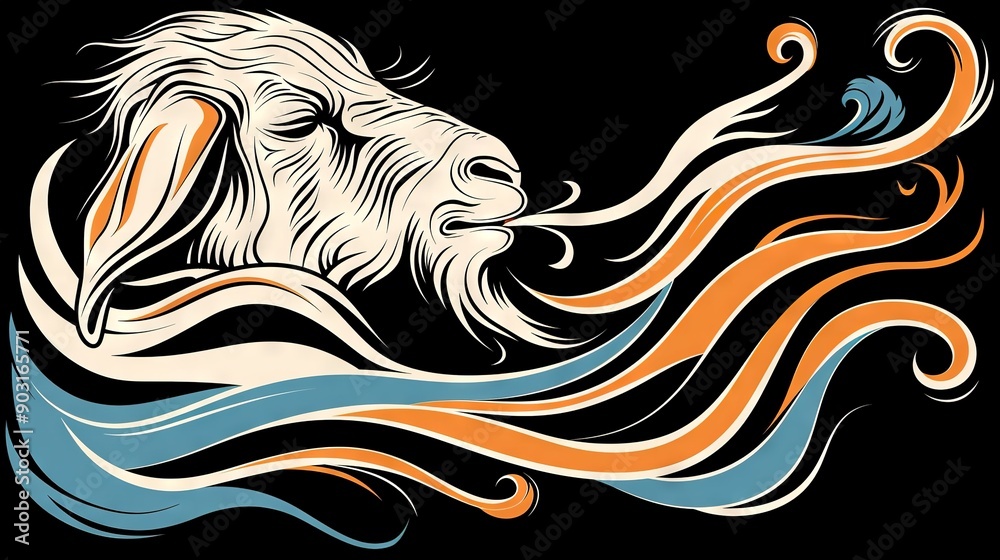 Obraz premium A goat with long hair is stylized and shown on a black background