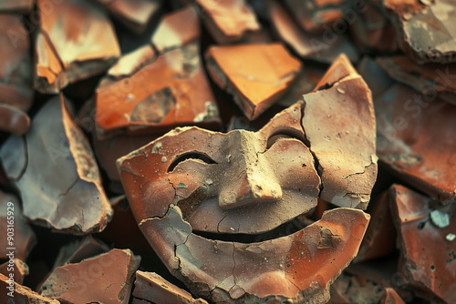 Broken pottery pieces that have been reassembled in a smiling happy face. Happy accident. Positive spin. photo