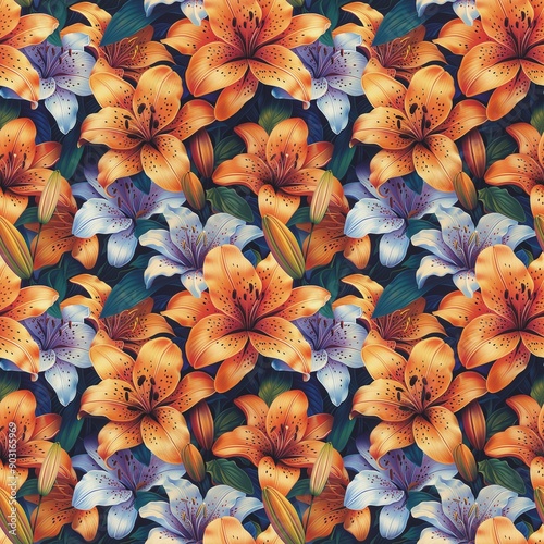 Wallpaper Mural Lilies flowers seamless pattern. Lilies floral decorative background. Digital painting raster bitmap illustration. Graphic design art. AI artwork. Torontodigital.ca