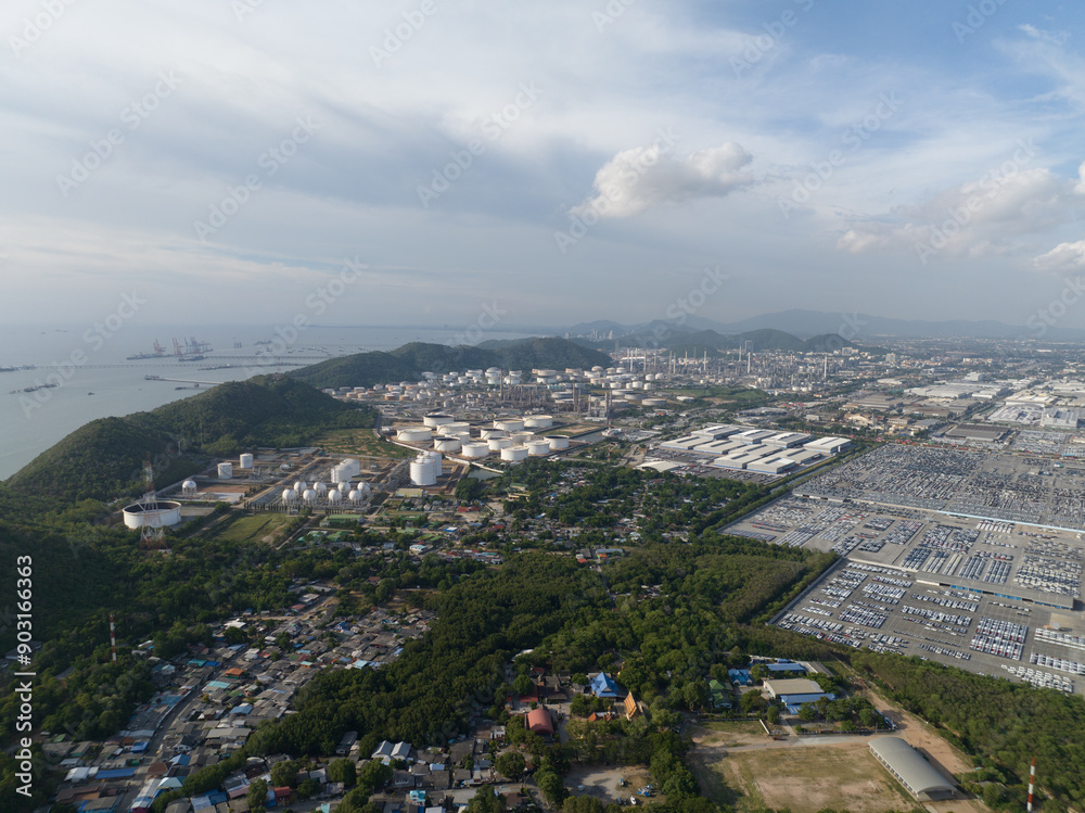 Fototapeta premium Petrochemical oil refinery at Laem Chabang in Thailand. Aerial view.