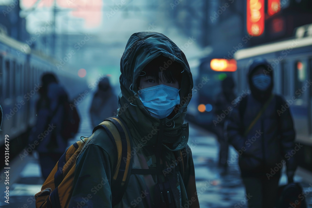 A man wearing a blue mask and a green hoodie stands on a train platform
