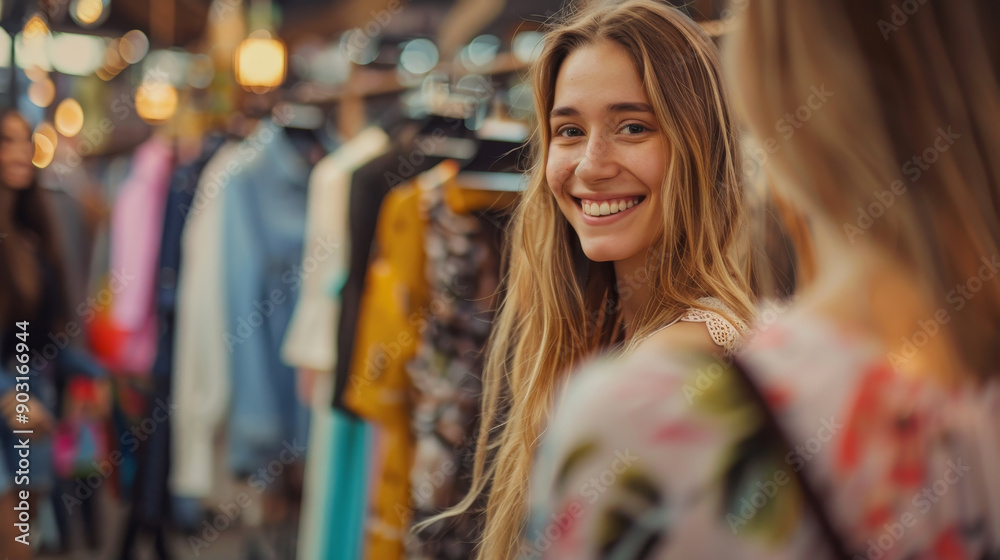 Two women are smiling at the camera in a clothing store