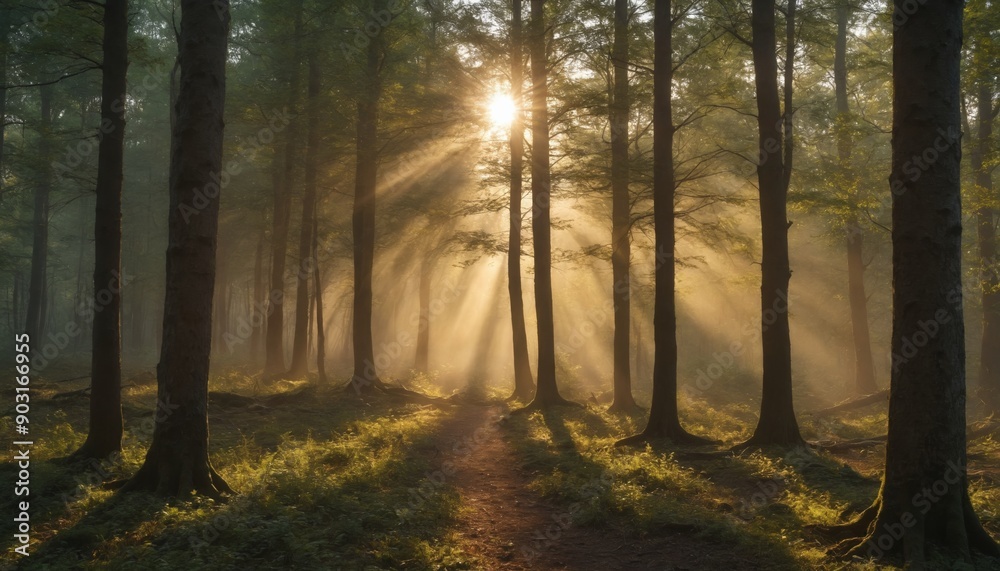 Obraz premium Sunbeams dappling through the trees in a misty morning forest
