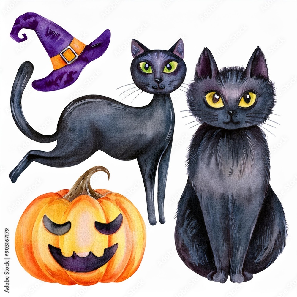 Set of cute watercolor Halloween's Day elements. Isolated on white background. Can be used for Halloween's day, greeting cards and invitations. Hand drawn watercolor illustration. Set of cute watercolor Halloween's Day elements. Isolated on white background. Can be used for Halloween's day, greeting cards and invitations. Hand drawn watercolor illustration.