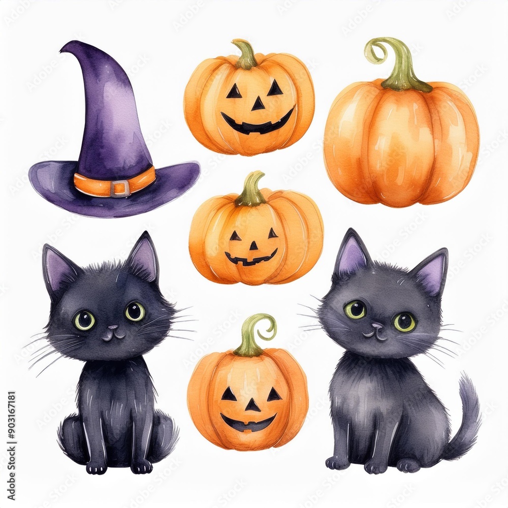 Set of cute watercolor Halloween's Day elements. Isolated on white background. Can be used for Halloween's day, greeting cards and invitations. Hand drawn watercolor illustration. Set of cute watercolor Halloween's Day elements. Isolated on white background. Can be used for Halloween's day, greeting cards and invitations. Hand drawn watercolor illustration.