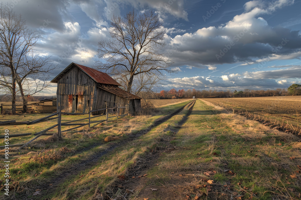 A small, old, red barn sits in a field with a dirt road leading to it A small, old, red barn sits in a field with a dirt road leading to it